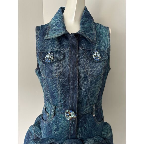 NWT Area Crystal Embellished Fur Print Sleeveless Godet Mini Dress Indigo Size 6 - Picture 11 of 13